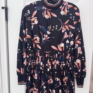 French Connection Floral Pleated Midi Dress Navy Long Sleeve Size 8 US